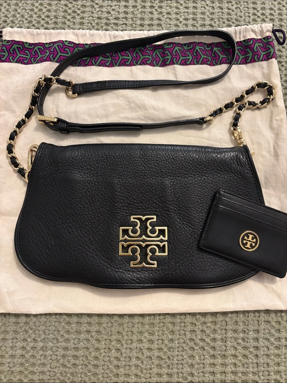 Tory Burch Black Pebbled Leather Shoulder Bag with Gold Logo